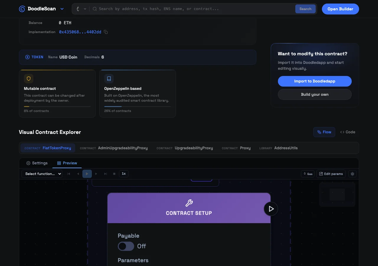 Doodlescan visual contract explorer showing USDC (FiatTokenProxy) with flow graph