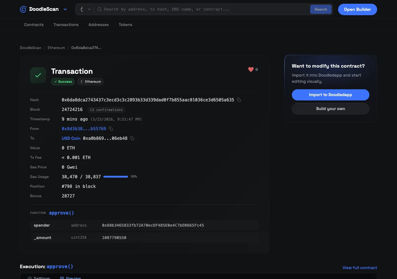 Doodlescan transaction page showing decoded approve() call with gas usage bar